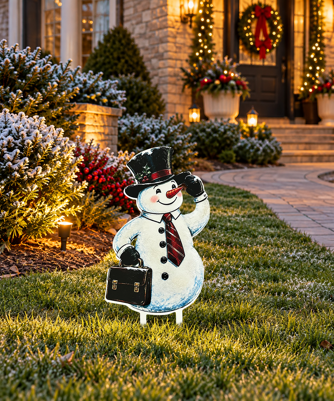 Sir Flurrington Christmas snowman yard stake in festive front lawn