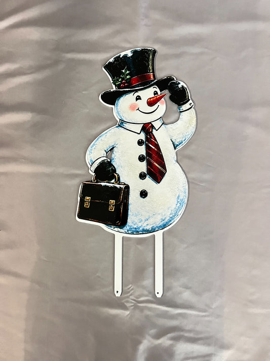Handcrafted Sir Flurrington metal snowman yard stake with top hat, red tie, briefcase and ground stakes