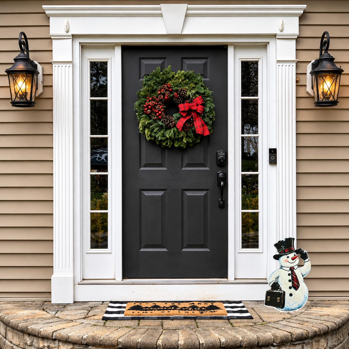 Sir Flurrington snowman beside a Christmas wreath front door