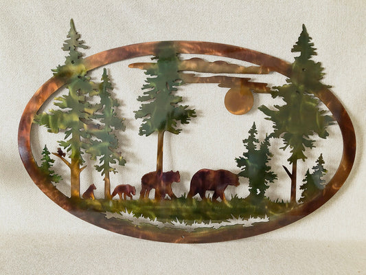 Bears and trees metal wall art