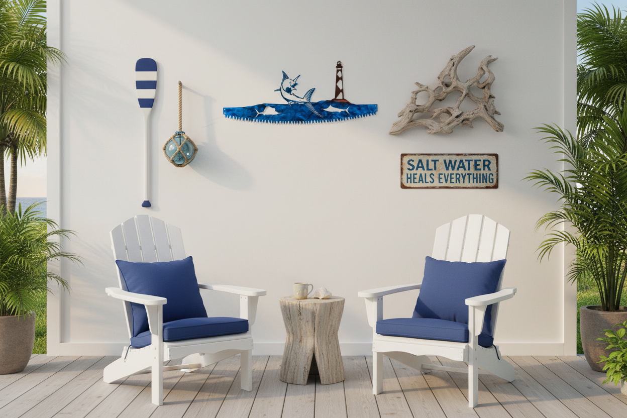 Two white chairs with blue cushions on a deck with decorative items and plants.