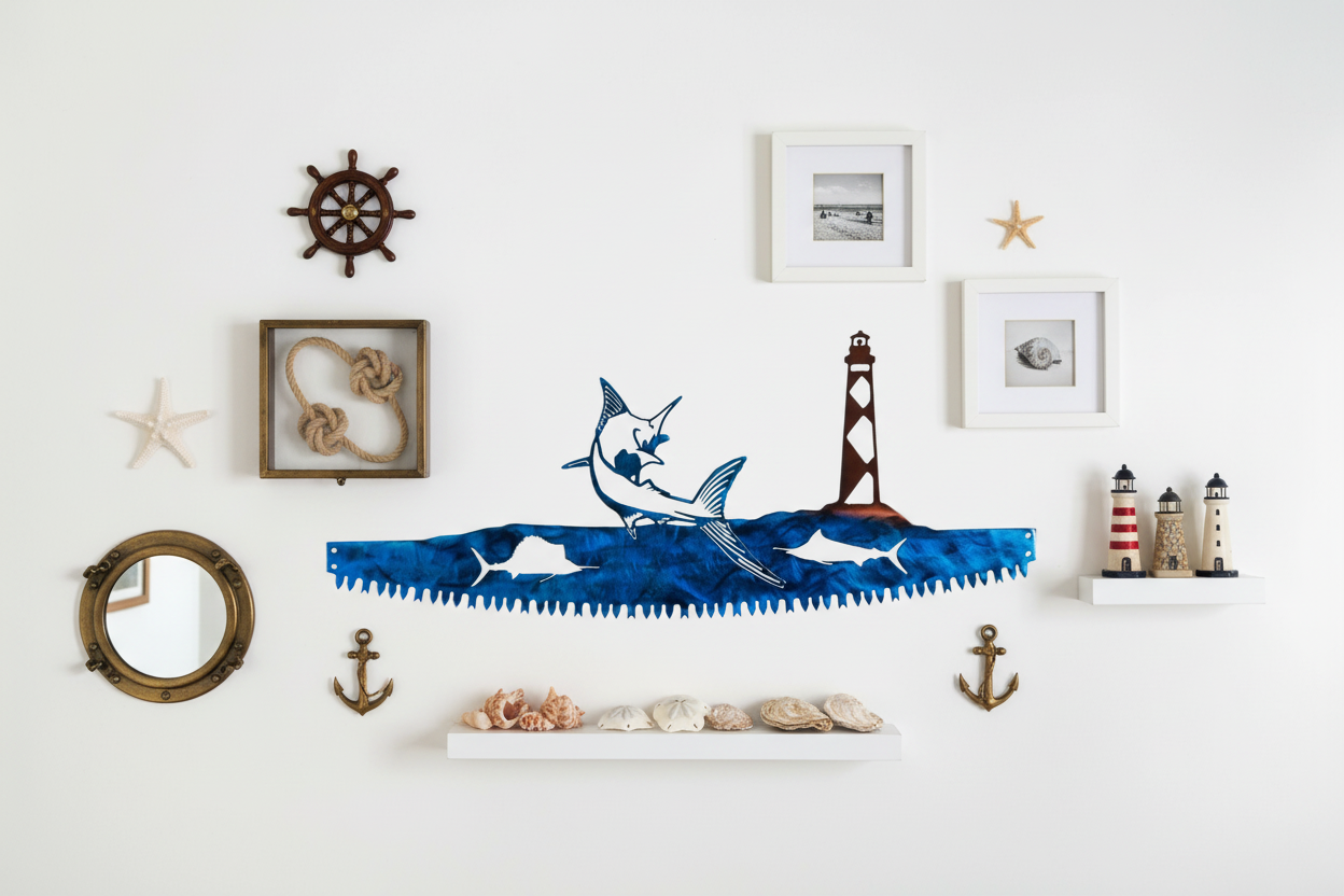 Nautical-themed wall decor with a shark and whale wall art piece, starfish, and lighthouse.