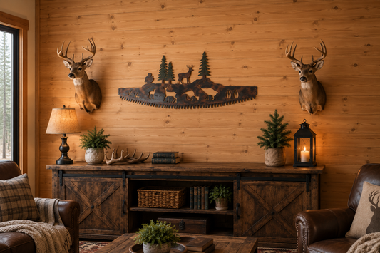 Buck and turkey crosscut saw metal wall art displayed on a rustic wood wall between two mounted deer heads in a warm cabin-style living room.