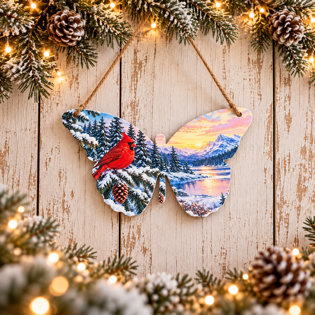 Red cardinal butterfly metal wall decor hanging by rustic rope on a whitewashed wood wall with winter greenery and warm lights.