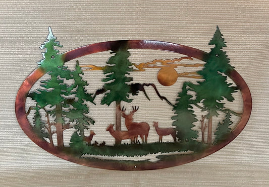 deer and trees oval metal wall art