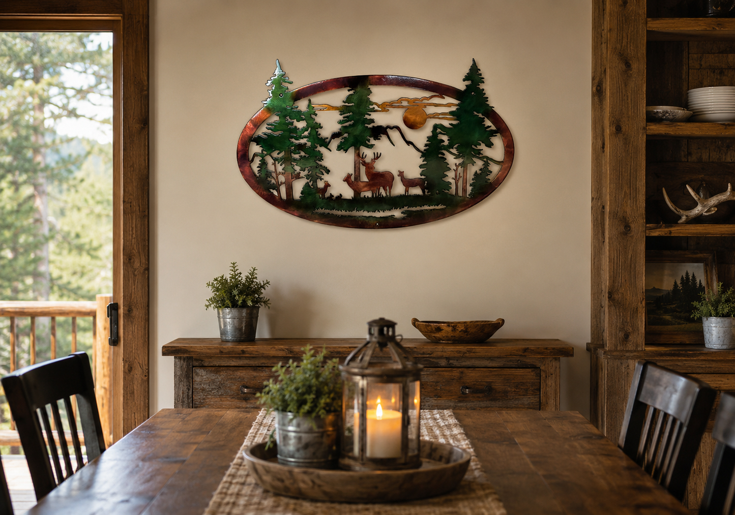 Mountain Scene Metal Wall Art | Deer or Bear Family Steel Decor