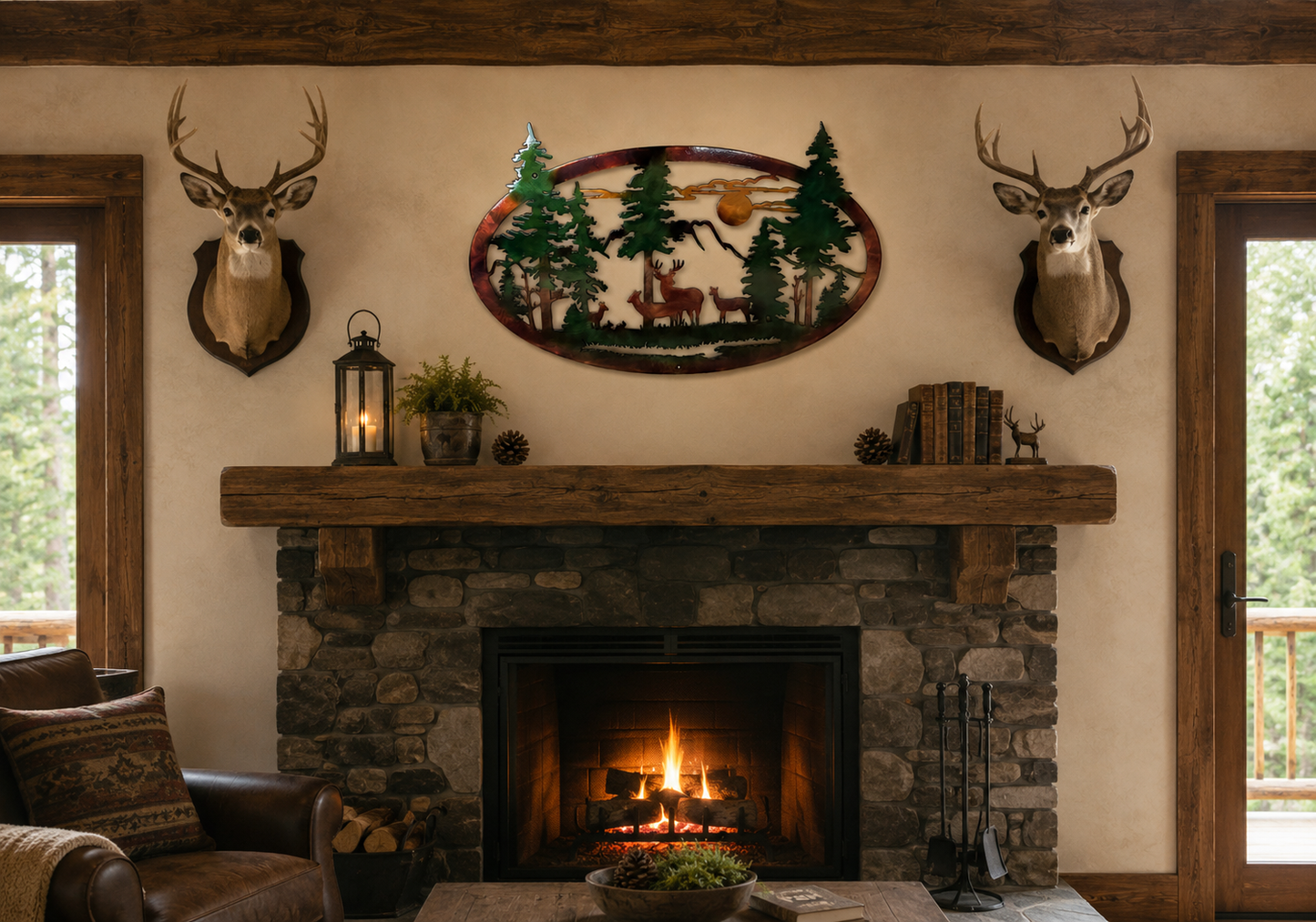 Mountain Scene Metal Wall Art | Deer or Bear Family Steel Decor
