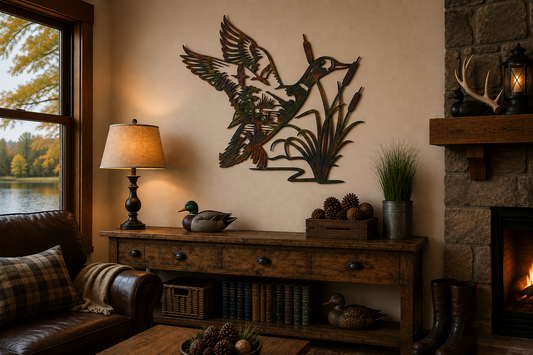 Duck hunter and retriever metal wall art displayed in a rustic hunting lodge with duck decor and a stone fireplace.