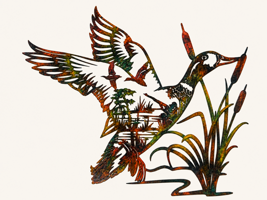 Hand-finished patina duck hunter and retriever metal wall art with mallards, marsh grass, and cattails.