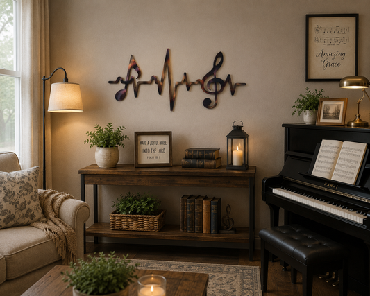 EKG music notes metal wall art displayed above a wood console table in a warm living room with a piano.
