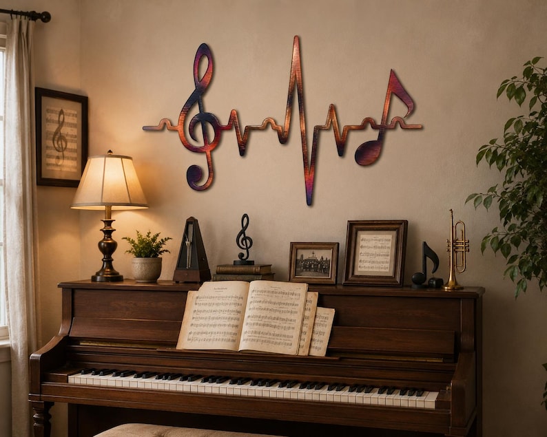 Heartbeat treble clef EKG metal wall art displayed above a piano in a warm music room.