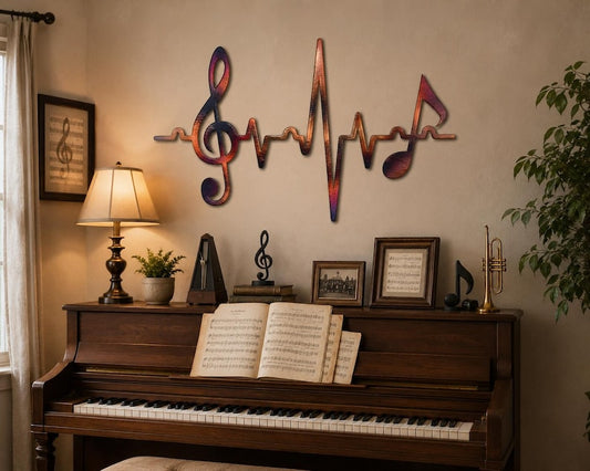 Heartbeat treble clef EKG metal wall art displayed above a piano in a warm music room.