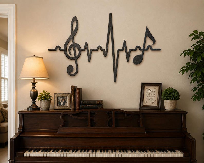 Handcrafted steel heartbeat EKG wall art with treble clef and music notes in a multicolor patina finish.