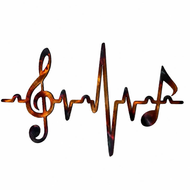 Size comparison chart for heartbeat treble clef EKG metal wall art in 16 inch, 20 inch, and 36 inch widths.