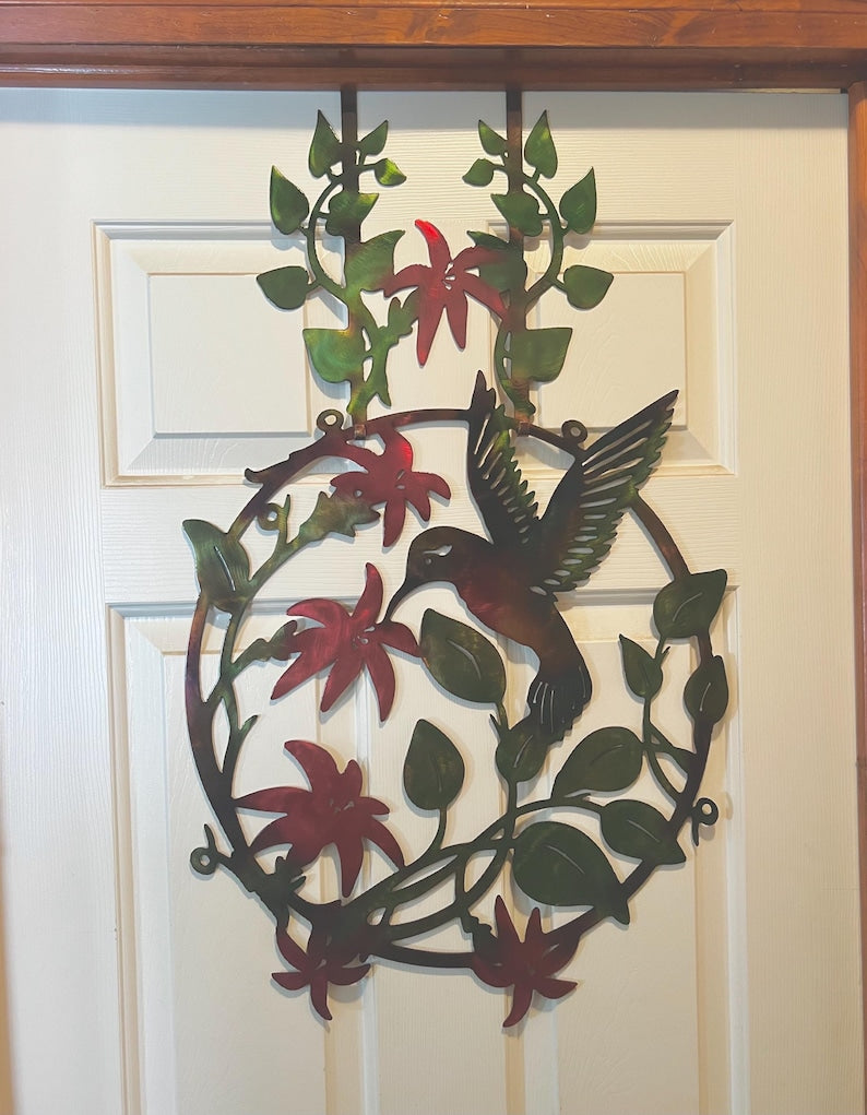 Hummingbird and flowers metal art door hanger with hand-finished multicolor patina.