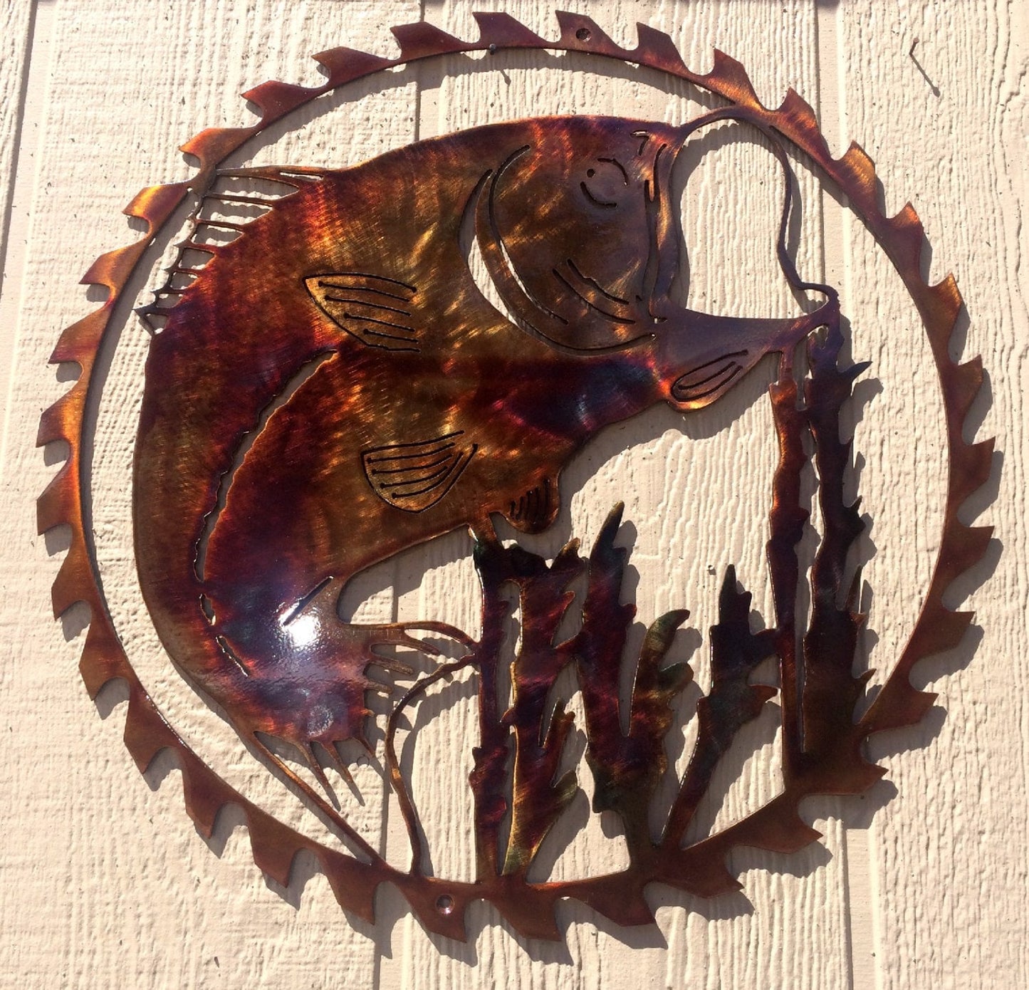 Large Mouth Bass In Sawblade Frame Metal Wall Art