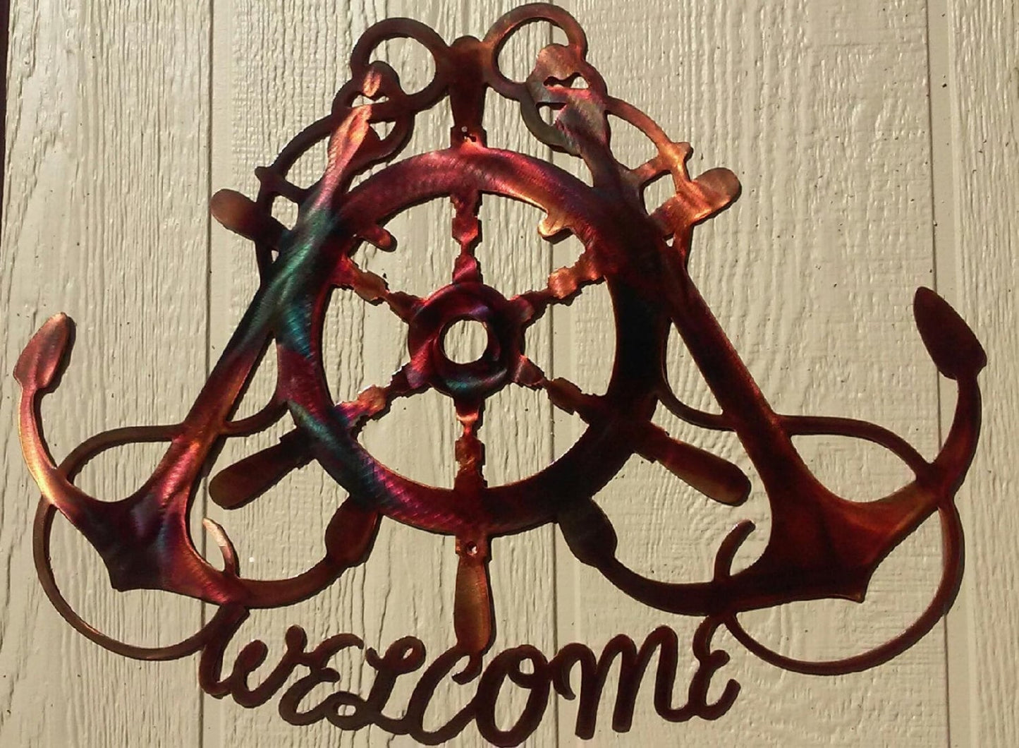Ships Wheel & Crossed Anchors Nautical Metal Art Welcome Sign