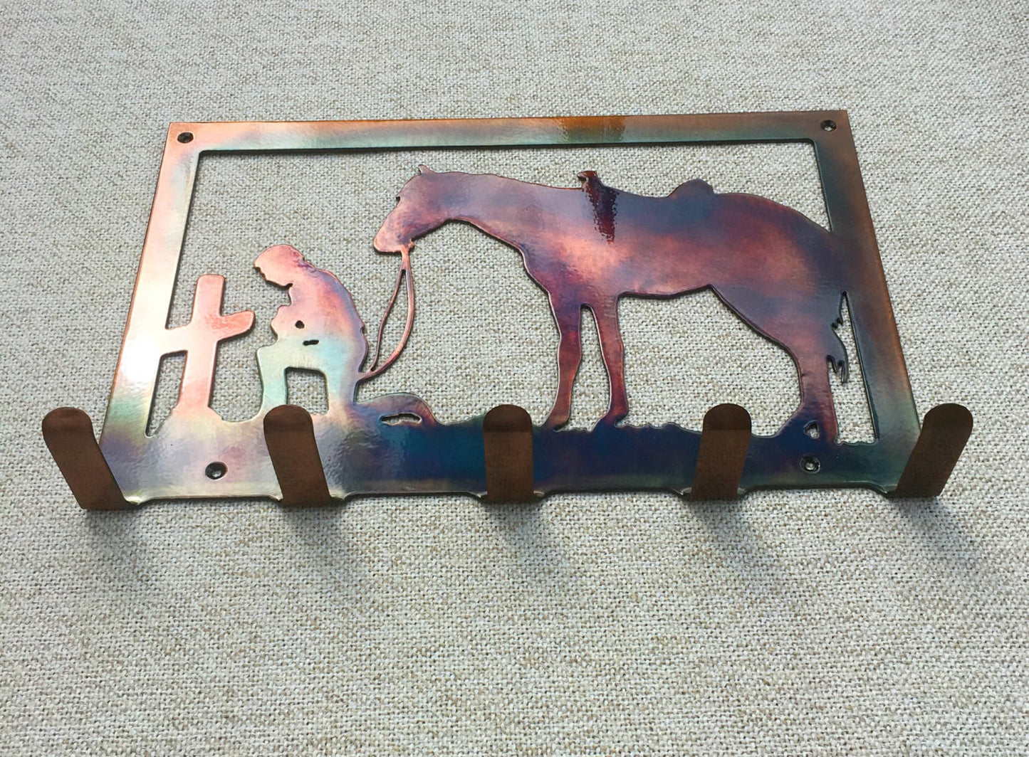 Cowboy & Horse Praying At Cross Metal Art Key Hanger