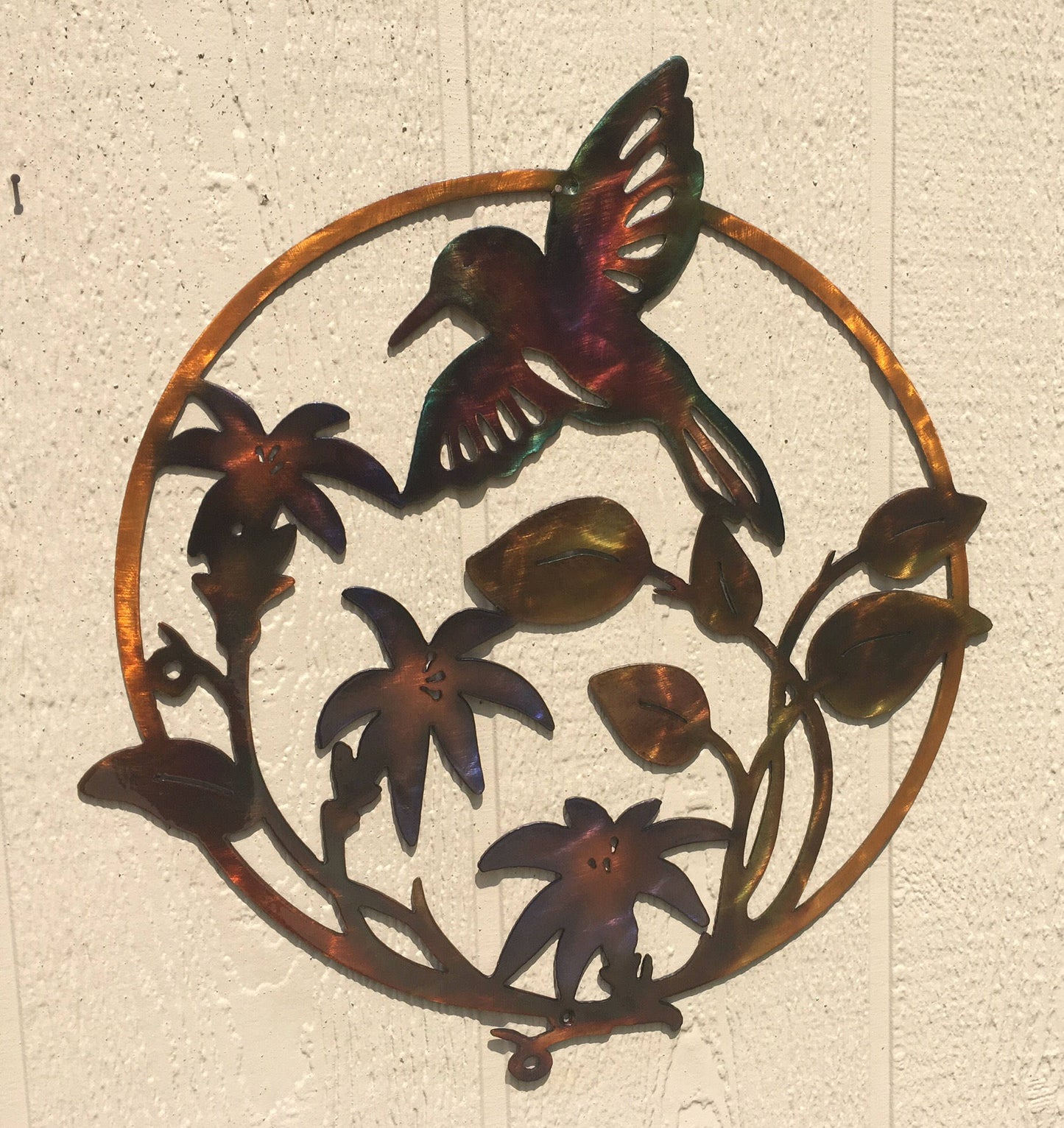 Hummingbird and Flowers Indoor Or Outdoor Metal Wall Art Hand Finish Wall Hanging