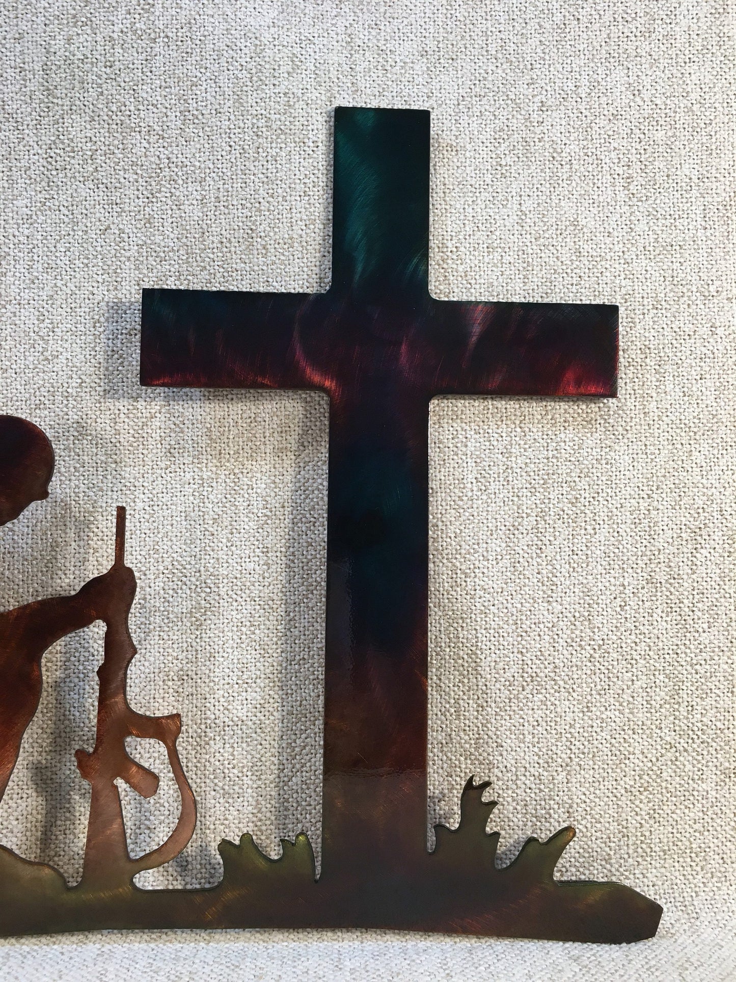 Soldier Kneeling Before Cross Metal Wall Art W/ Patina Finish