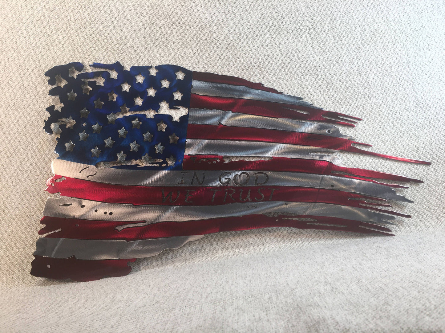 24" Weathered, Battle Worn & Tattered American Flag "In God We Trust" Metal Art