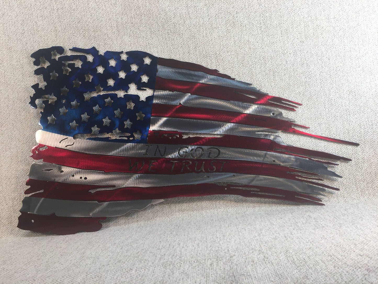 24" Weathered, Battle Worn & Tattered American Flag "In God We Trust" Metal Art