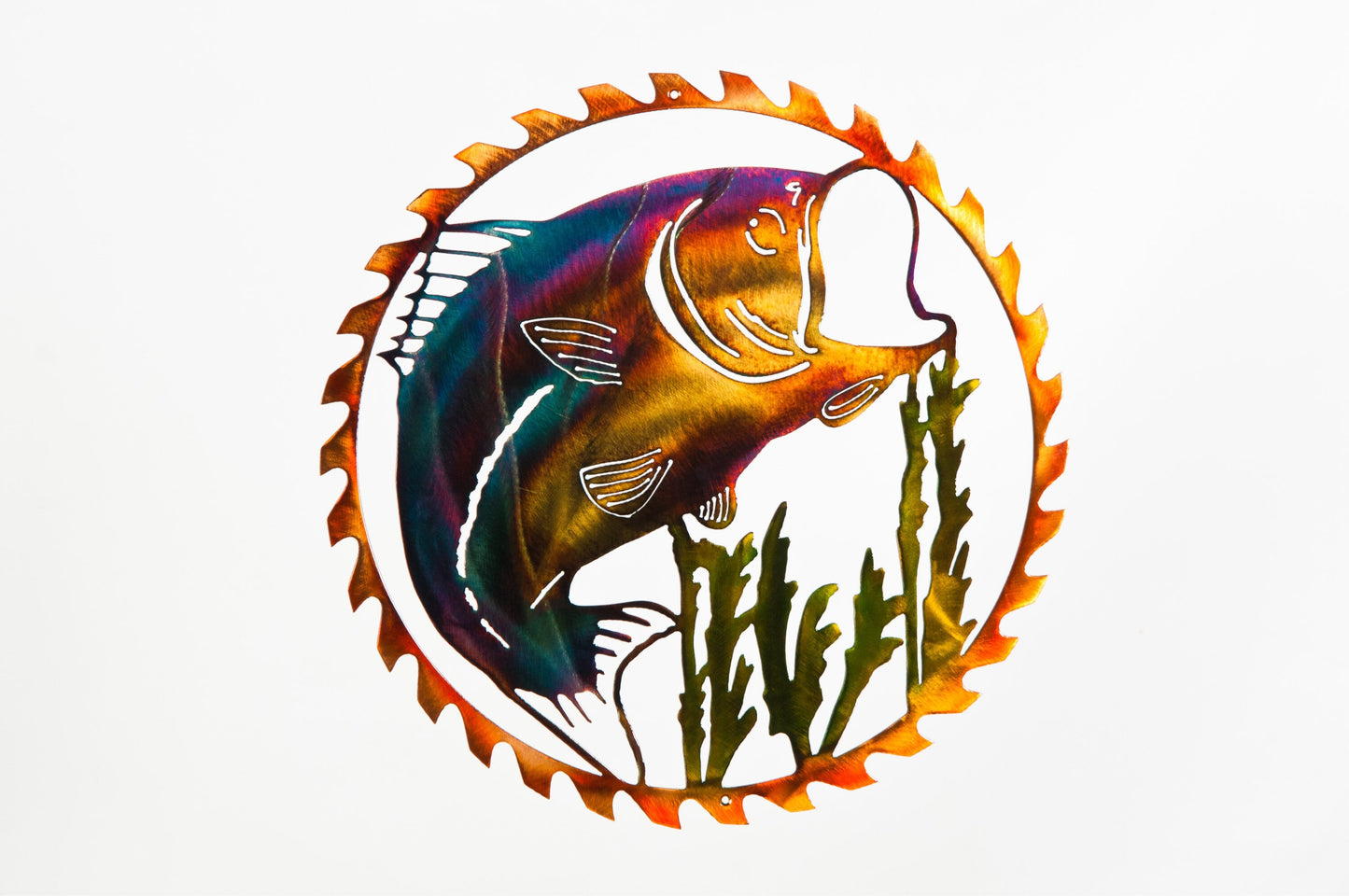 Large Mouth Bass In Sawblade Frame Metal Wall Art