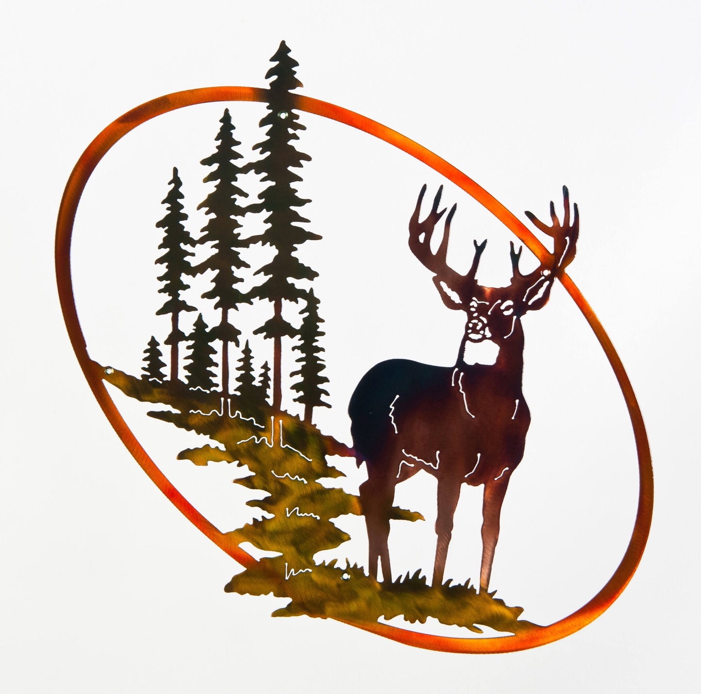 Whitetail Buck, Trees, & Mountain Wildlife Oval Deer Scene Metal Art