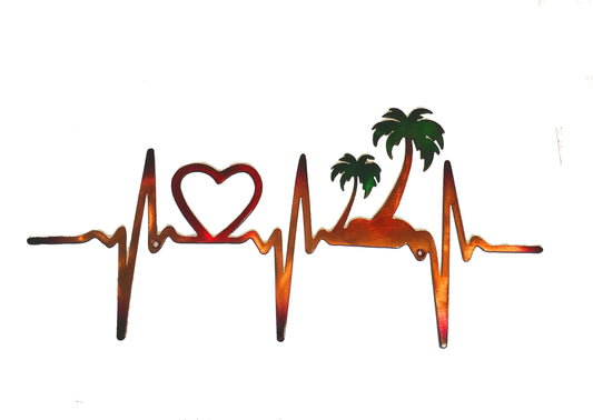 EKG Heartbeat Heart & Palm Trees Plasma Cut Indoor or Outdoor Metal Art