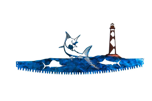 Blue Marlin & Hatteras Island Lighthouse  in Crosscut Saw Blade Indoor or Outdoor Metal Wall Art