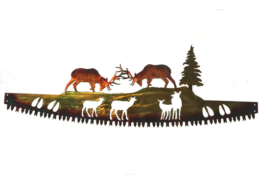 Crosscut Saw With Elk Fighting Hunting Lodge or Mountain Cabin Metal Wall Art