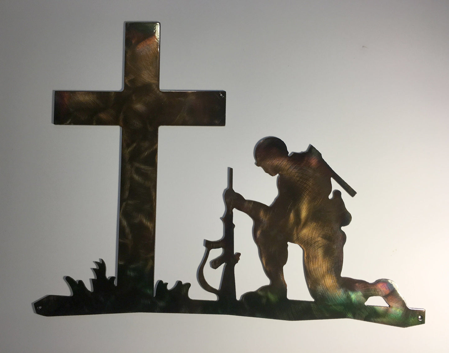 Soldier Kneeling Before Cross Metal Wall Art W/ Patina Finish