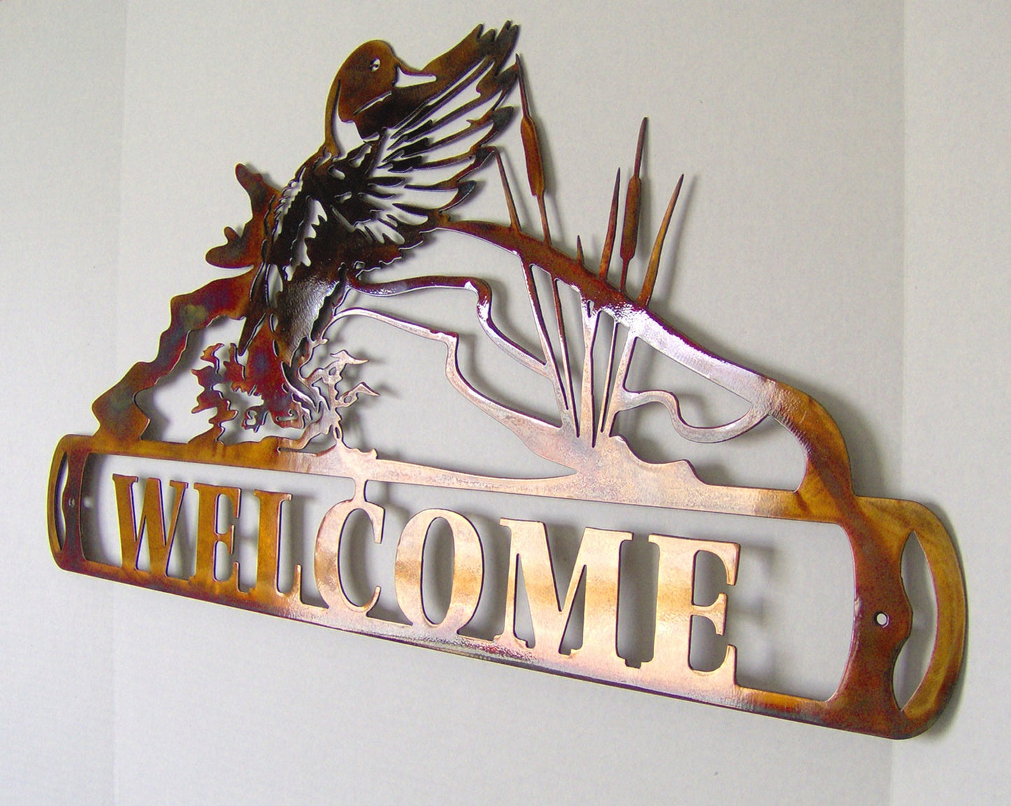 Duck Landing On Water Welcome Sign Indoor Or Outdoor Metal Wall Art W/ Patina Finish
