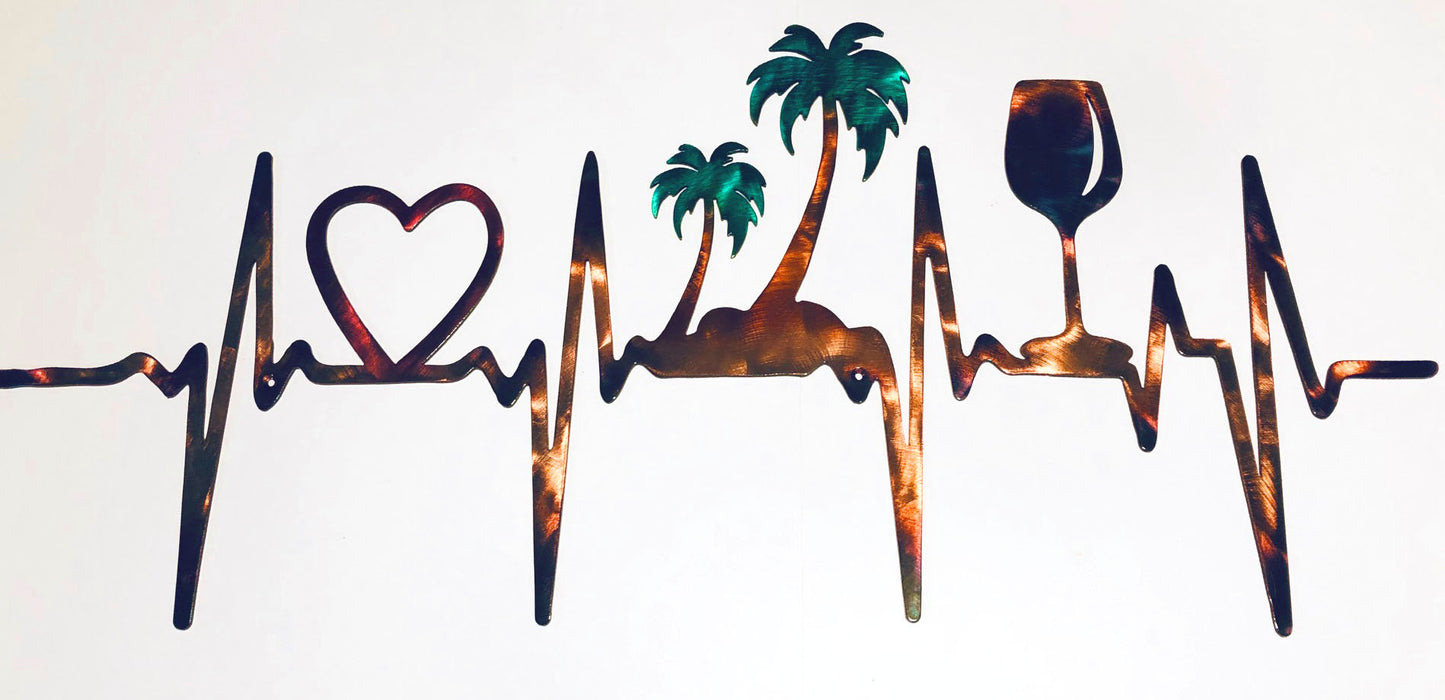 36" EKG Line Heartbeat Heart, Palm Trees & Wineglass Plasma Cut Indoor or Outdoor Metal Art