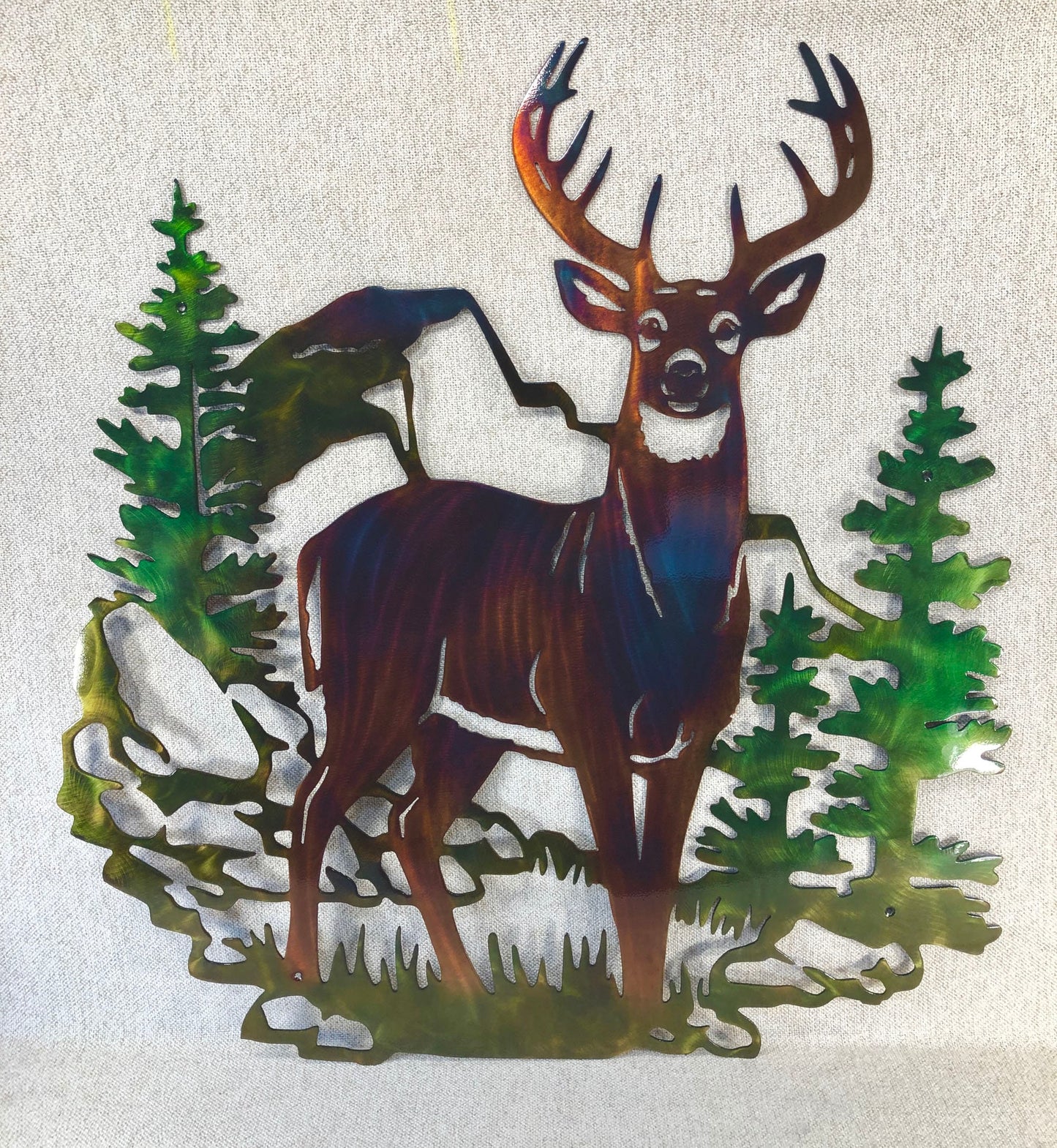 Whitetail Buck Deer & Mountain Wildlife Indoor Outdoor Plasma Cut Metal Wall Art