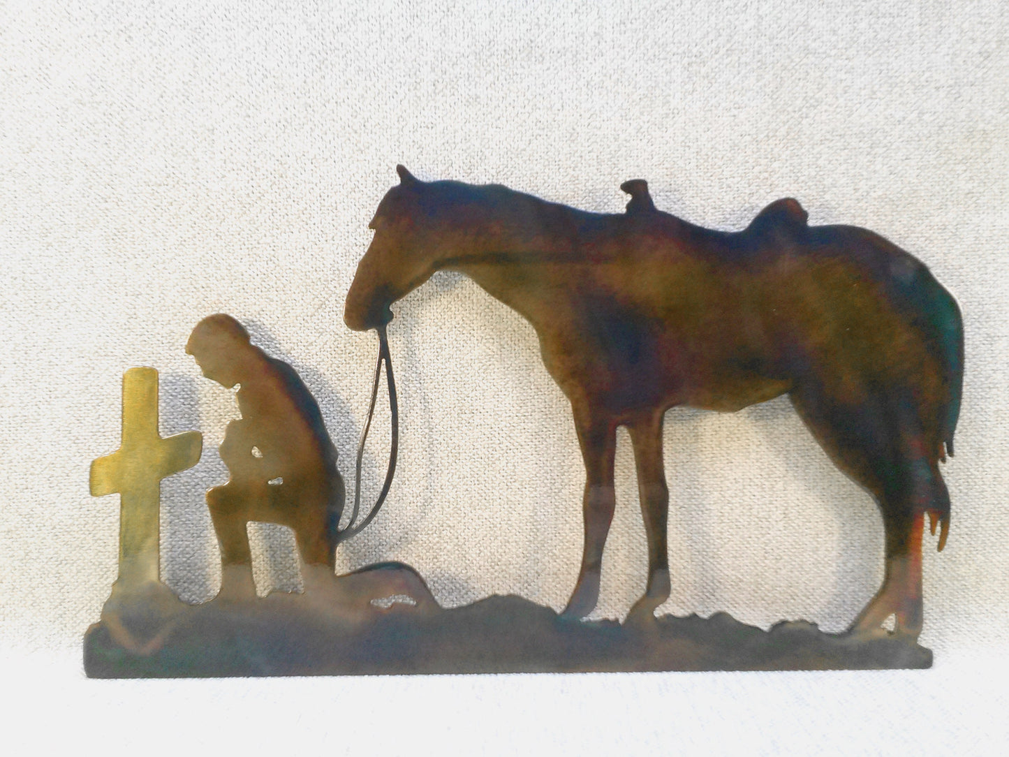 Cowboy & Horse Praying At Cross Indoor Or Outdoor Metal Wall Art