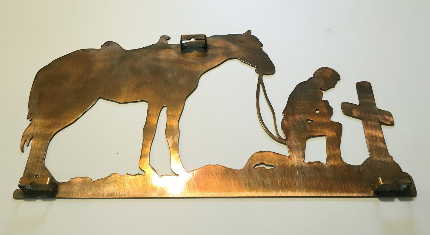 Cowboy & Horse Praying At Cross Indoor Or Outdoor Metal Wall Art