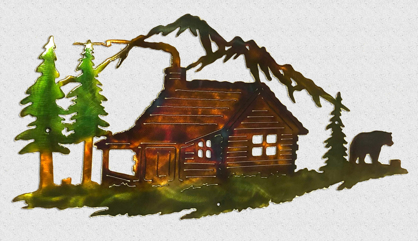 Backlit mountain cabin wildlife metal wall art