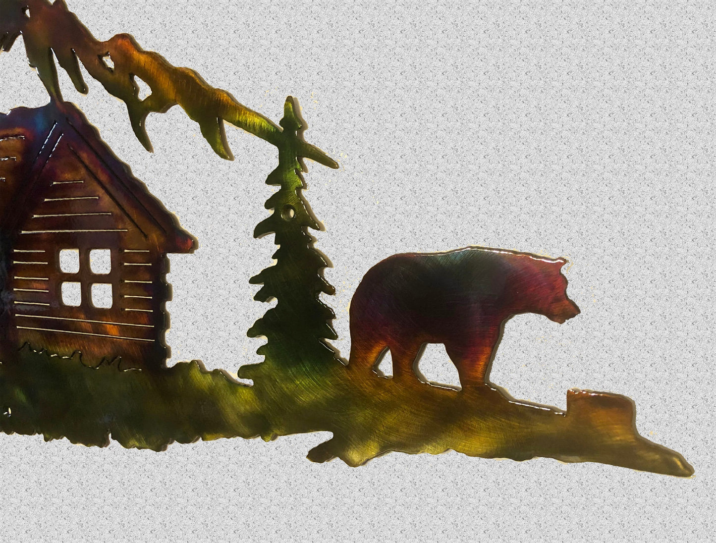 Mountain Cabin & Bear Indoor Or Outdoor Wildlife Metal Wall Art With Brackets And Backlighting