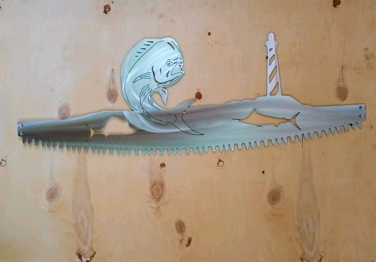 Unfinished Mahi-Mahi lighthouse crosscut saw metal wall art