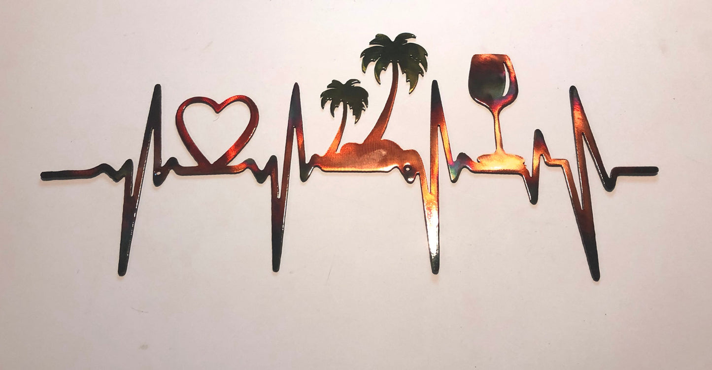 20" EKG Line Heartbeat Heart, Palm Trees & Wineglass Plasma Cut Indoor or Outdoor Metal Art