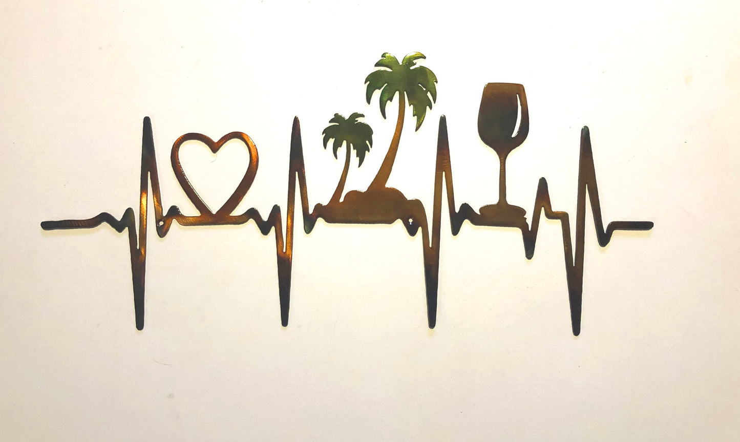 36" EKG Line Heartbeat Heart, Palm Trees & Wineglass Plasma Cut Indoor or Outdoor Metal Art