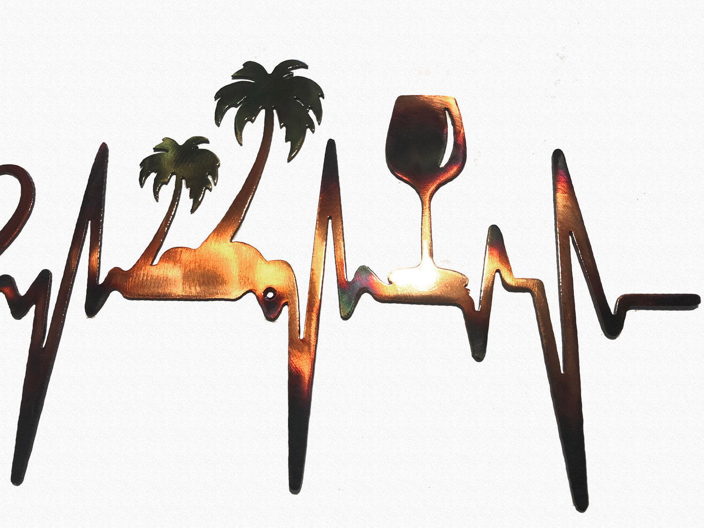 36" EKG Line Heartbeat Heart, Palm Trees & Wineglass Plasma Cut Indoor or Outdoor Metal Art