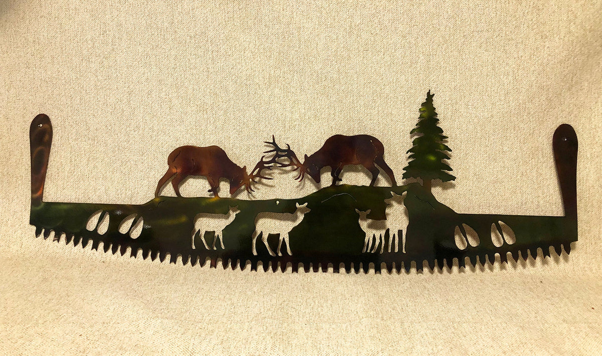 Elk fighting crosscut saw metal wall art with handles