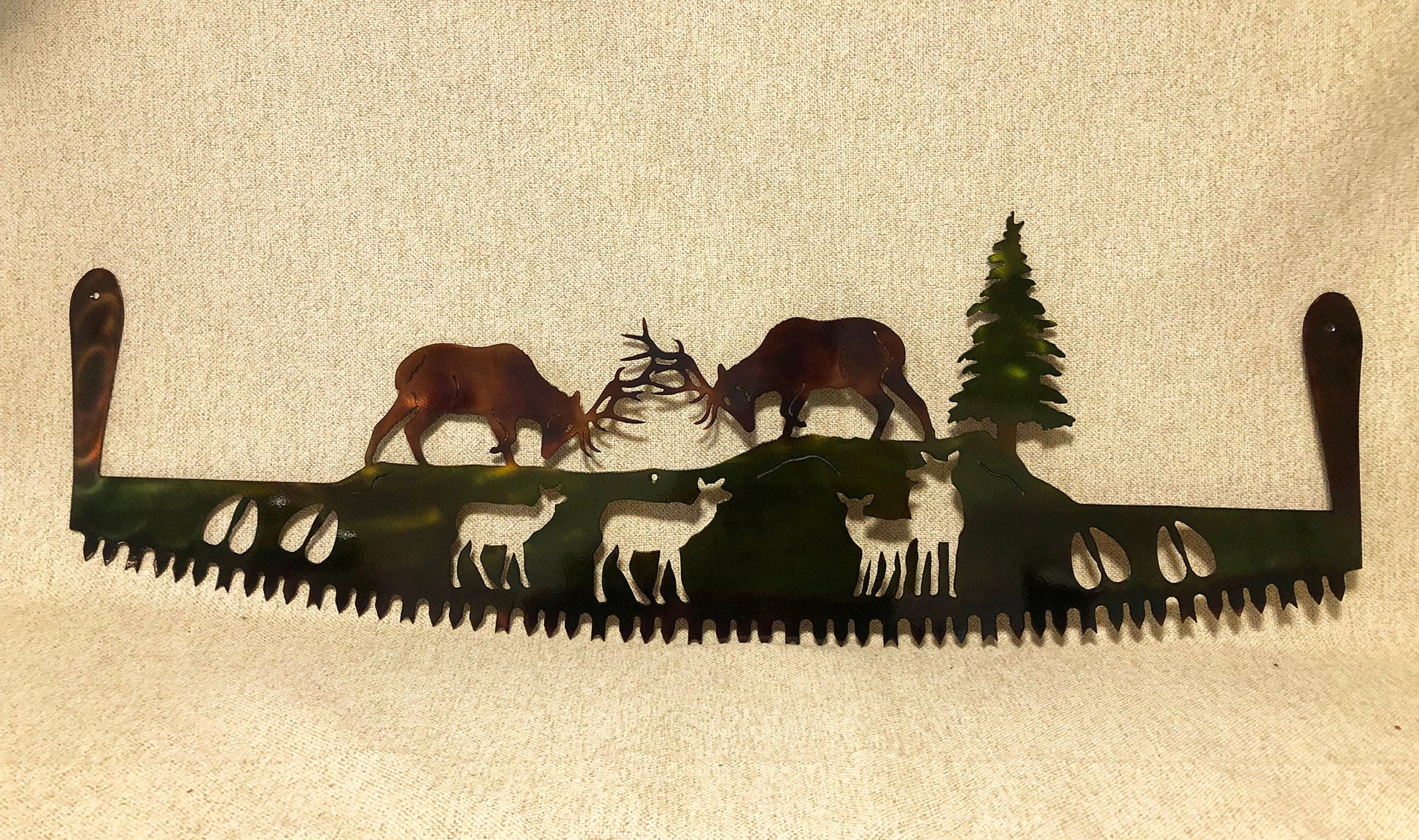 Elk fighting crosscut saw metal wall art with handles