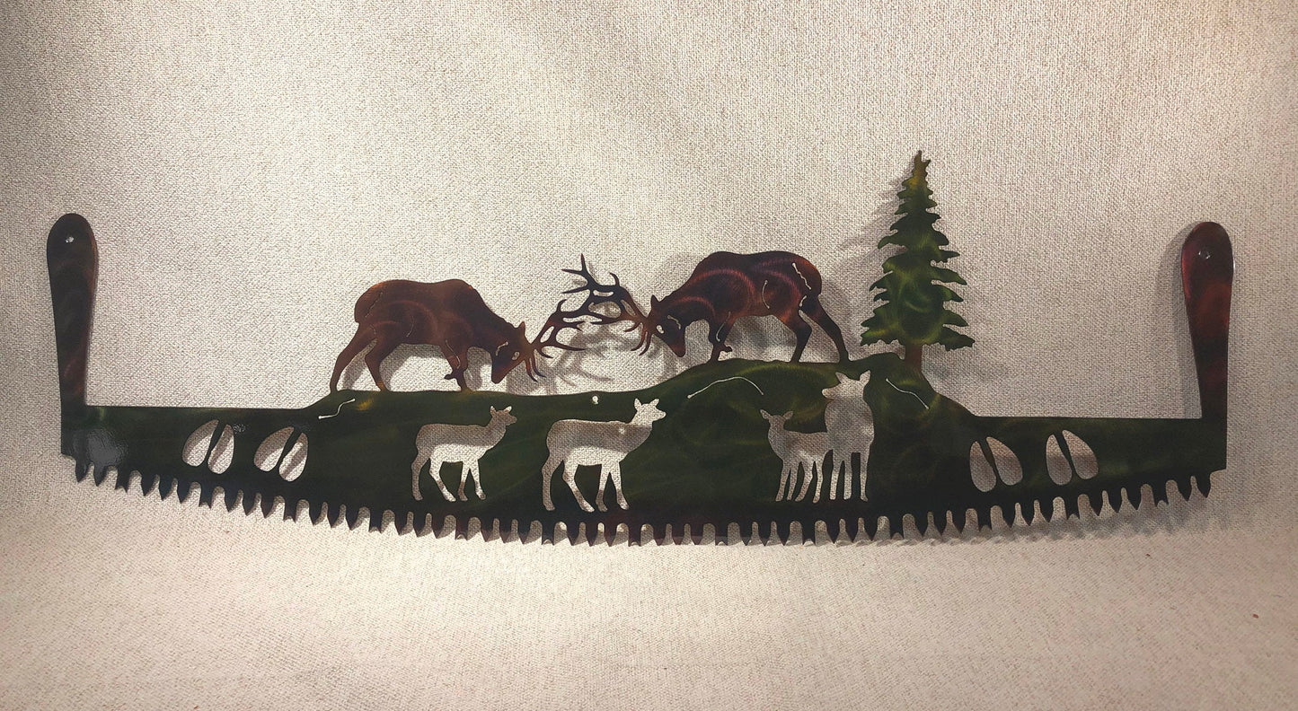Two-man crosscut saw metal art with fighting elk and handles