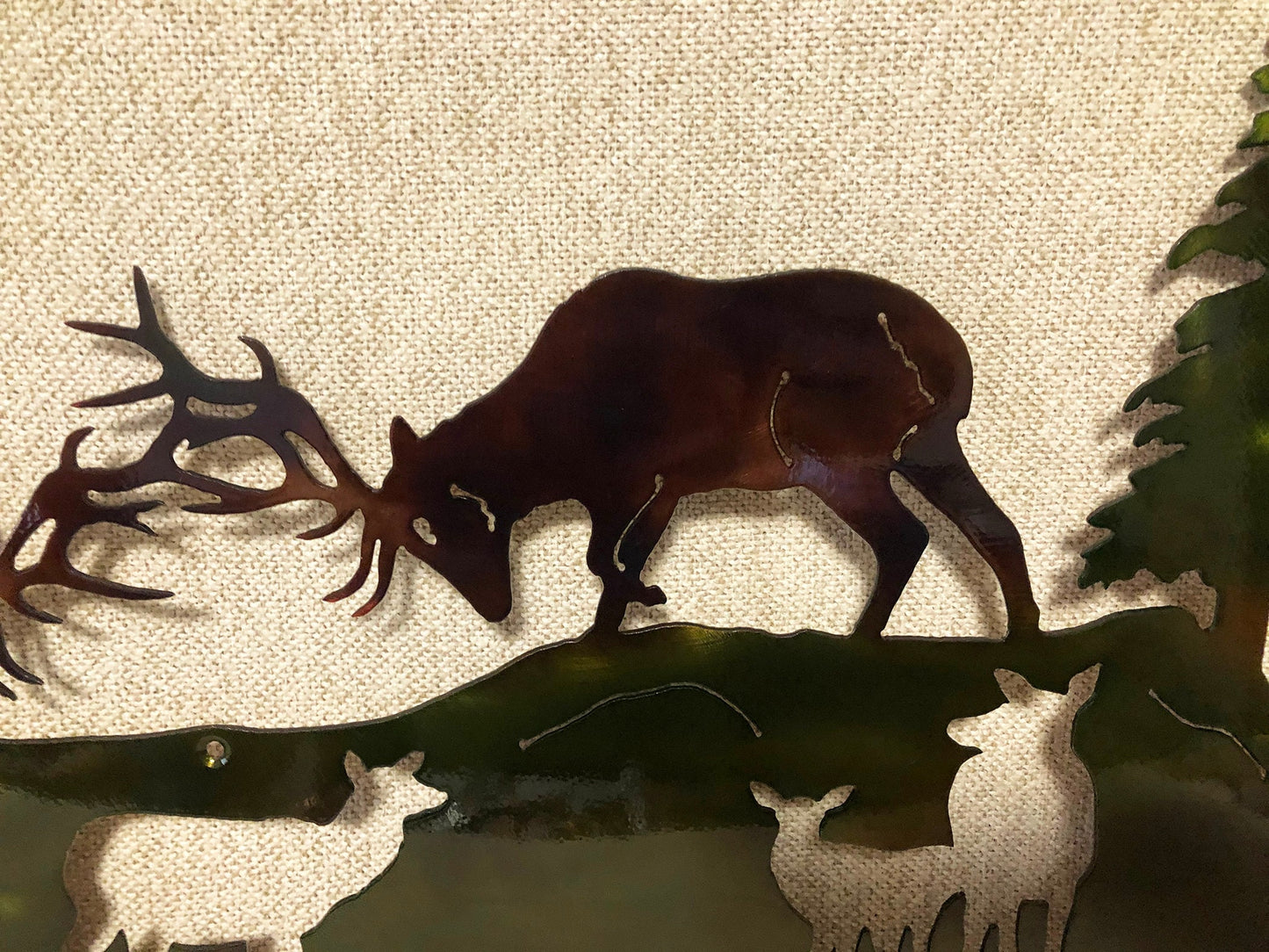 Elk Fighting On Crosscut Saw With Handles Hunting Lodge or Mountain Cabin Metal Wall Art