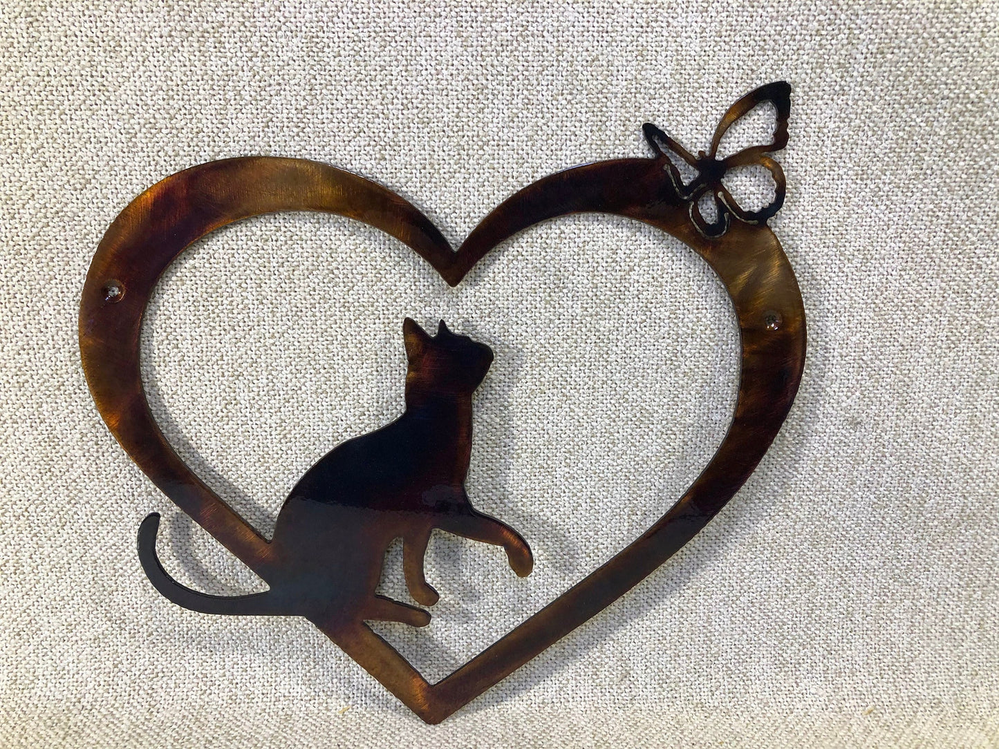 Cat In Heart With Butterfly Indoor or Outdoor Wildlife Metal Wall Art