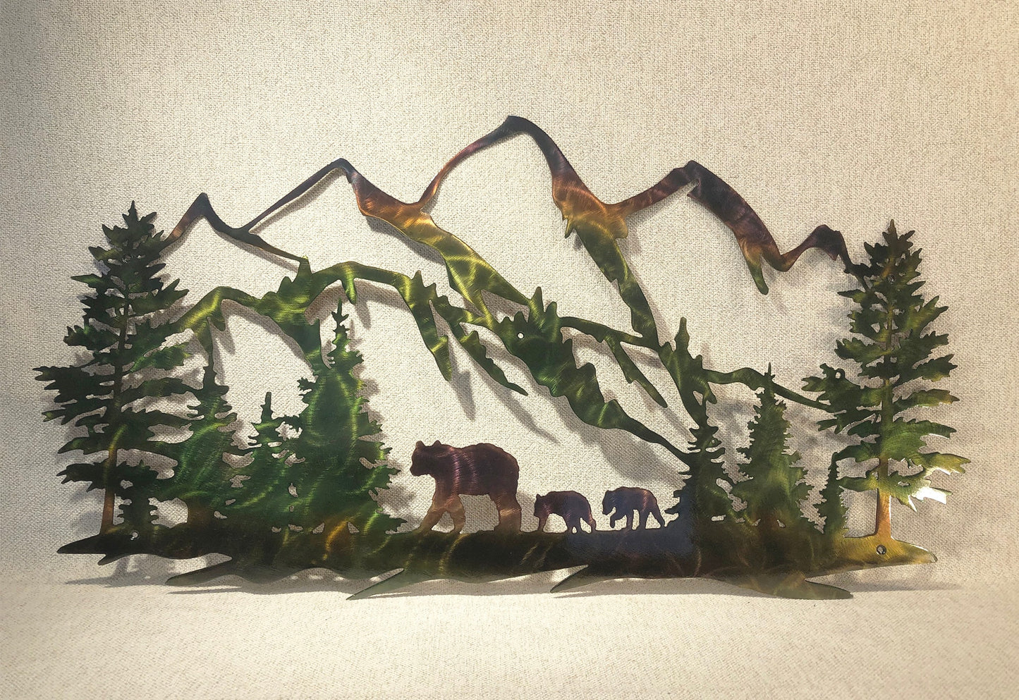 Bear And Cubs With Mountains Indoor & Outdoor Metal Wildlife Wall Art