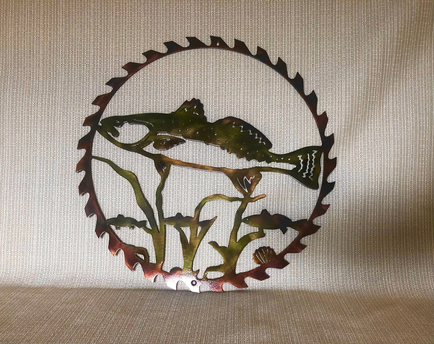 Speckled Trout In Sawblade Indoor Outdoor Wildlife Nautical Metal Wall Art